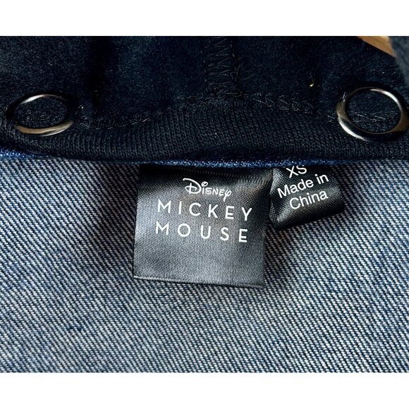 Disney Mickey Mouse Jean Jacket Womens XS Blue Denim Hooded Embroidered Patch - Picture 6 of 13